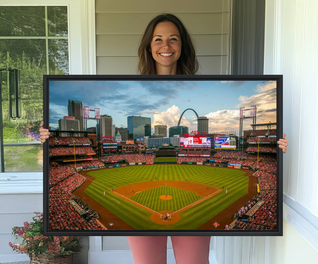 A Busch Stadium canvas print featuring a cityscape, ideal for enhancing living room or man cave sports decor.