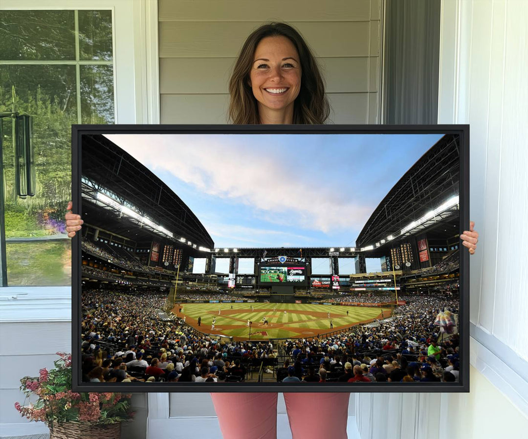 The wall art is an Arizona Diamondbacks Baseball Print depicting a packed Chase Field Stadium under a clear blue sky.