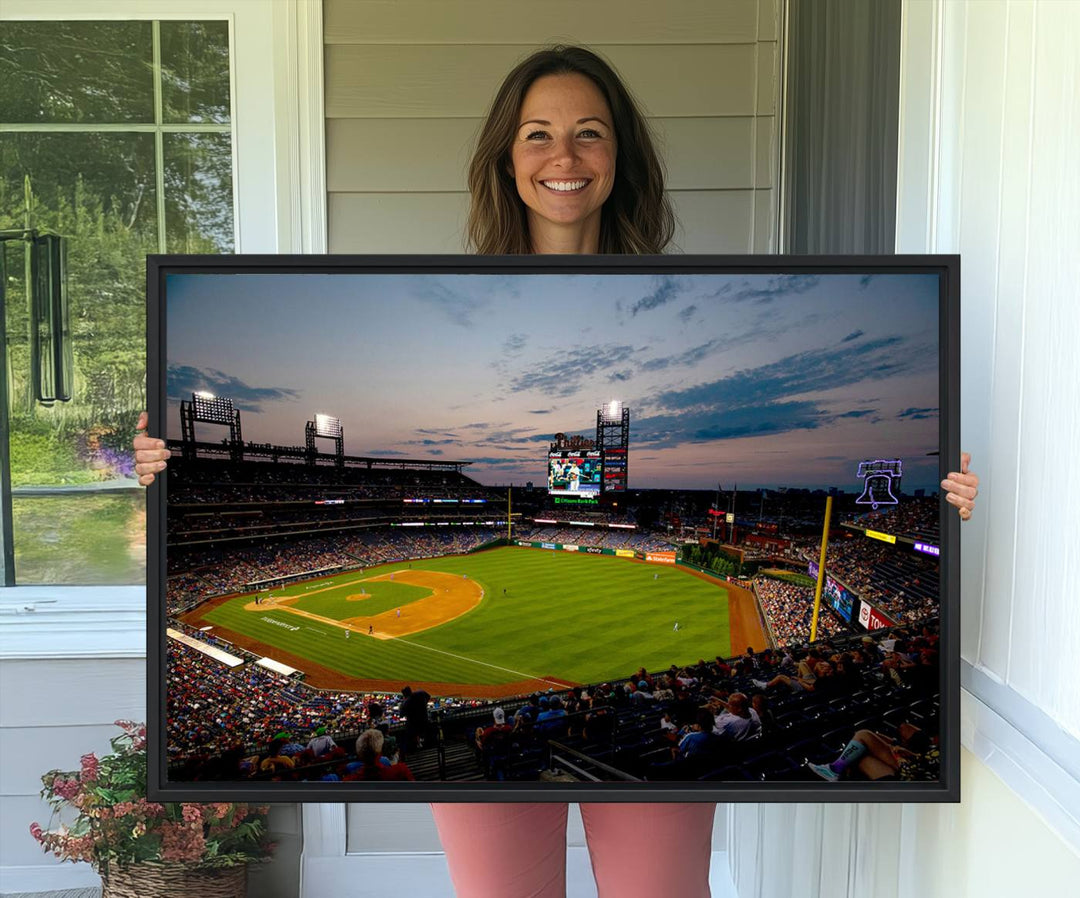 A wall art piece depicting the Philadelphia Phillies Citizens Bank Park Stadium at dusk.