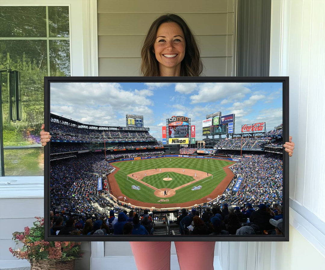 A wall art piece featuring a New York Mets Baseball Team print of Citi Field during a thrilling game under a blue sky.