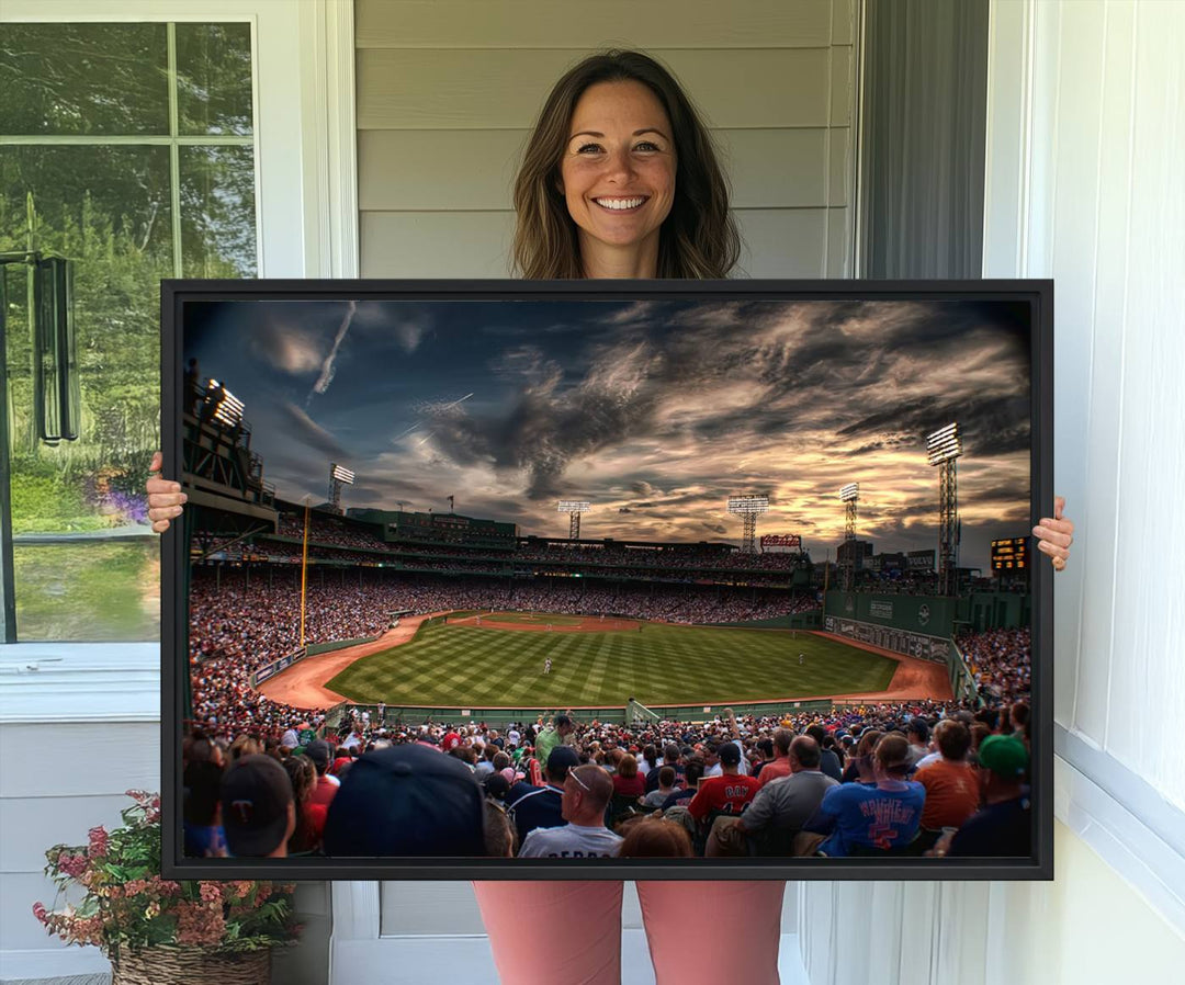 Boston Red Sox canvas print of Fenway Park at sunset, ideal for sports fans.