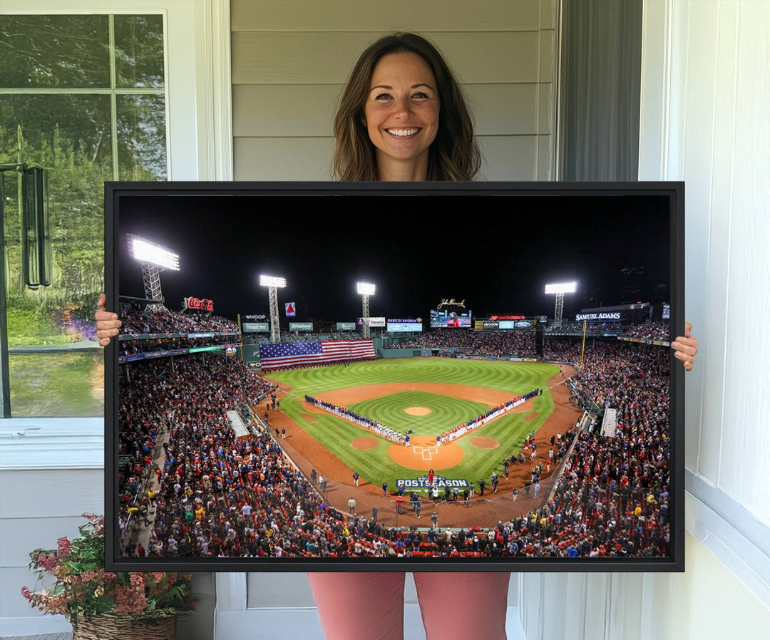 The Fenway Park Wall Art Canvas Print showcases a stunning aerial view of Bostons iconic ballpark at night, making it an ideal piece for any Red Sox enthusiast.