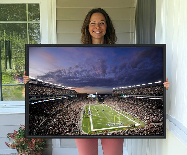 A large New England Patriots Foxborough Gillette Stadium wall art canvas print at sunset.