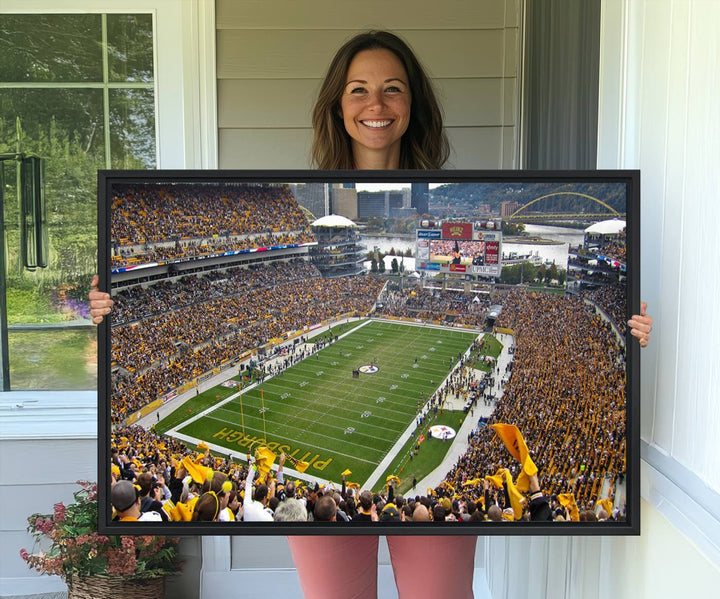 Heinz Field wall art and a cityscape serve as the backdrop.