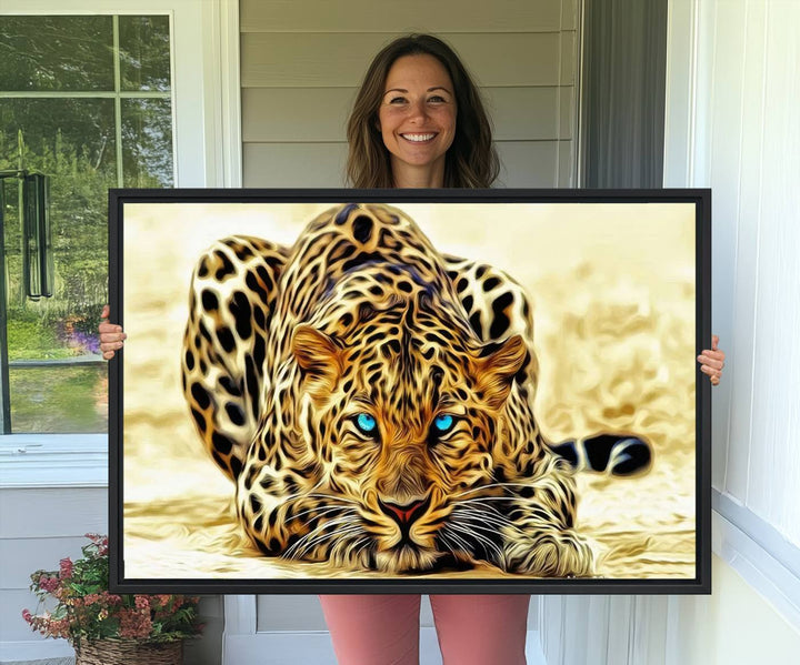 The Blue-Eyed Leopard Canvas Wall Art features a fierce and captivating design, perfect for wildlife enthusiasts. Its bold imagery makes it a striking decor piece, ready to hang.