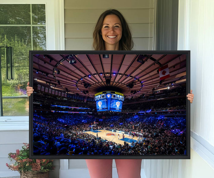 A print depicting an NBA game at Madison Square Garden, highlighting the scoreboard.