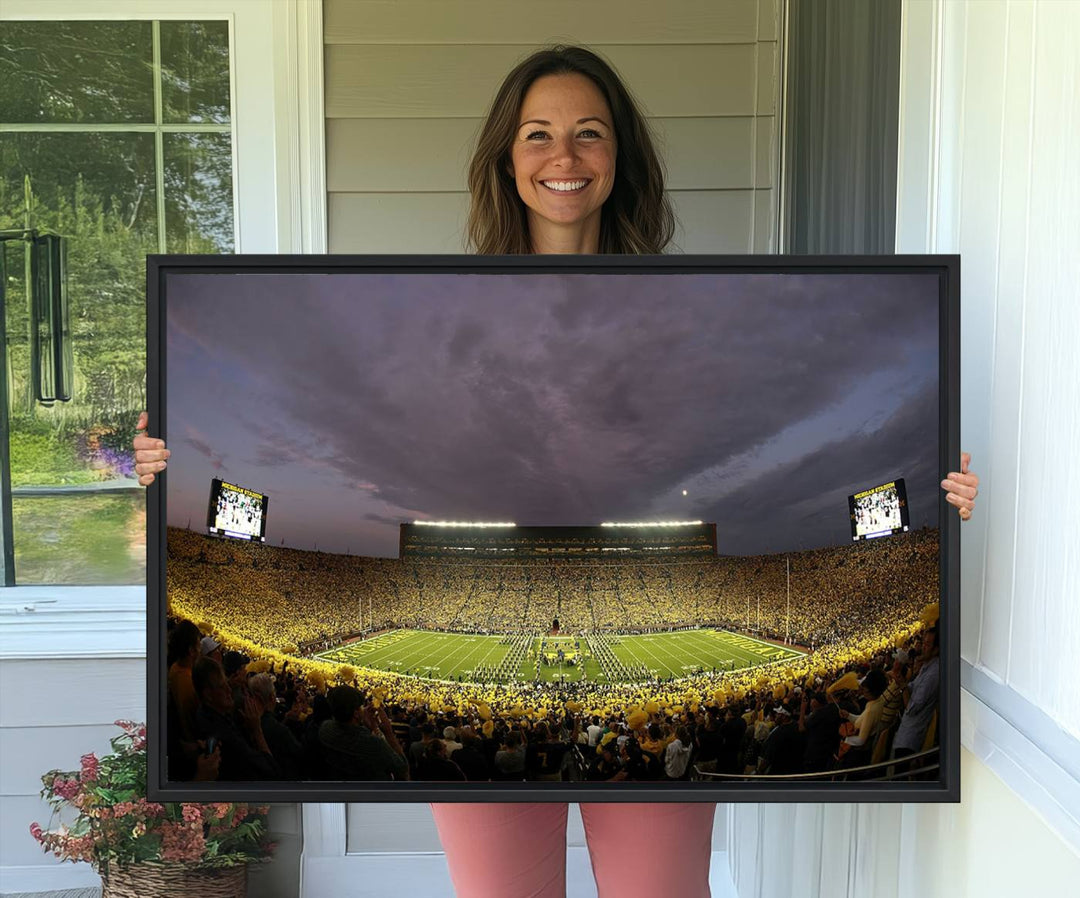 Michigan Stadium Wall Art Canvas Print of a night game by the Wolverines.