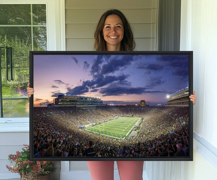 As the sun sets, a stunning backdrop highlights the Notre Dame Fighting Irish Football Team Print.