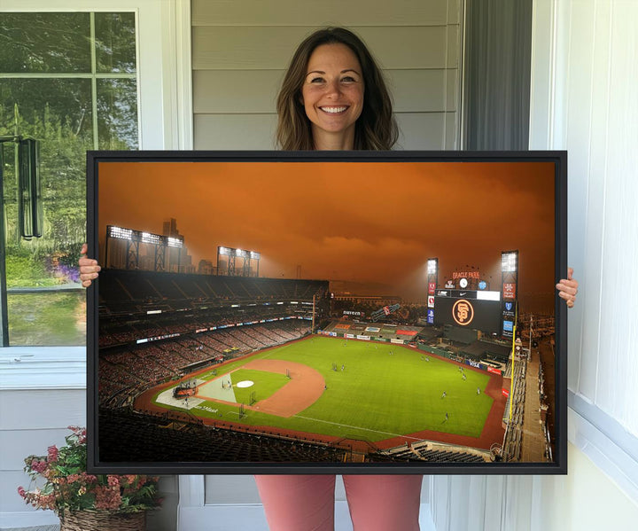 A canvas depicting an Oracle Park game with an orange sky, from SF Giants Stadium Wall Art.