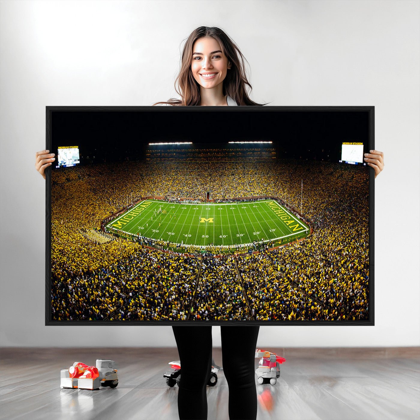 26166-MGV-CV-36X24-Stadium in Michigan Wall Art Canvas Print, Framed American Football Stadium Art Picture Print, Football Stadium Field Perfect Sports Room Decor Artwork