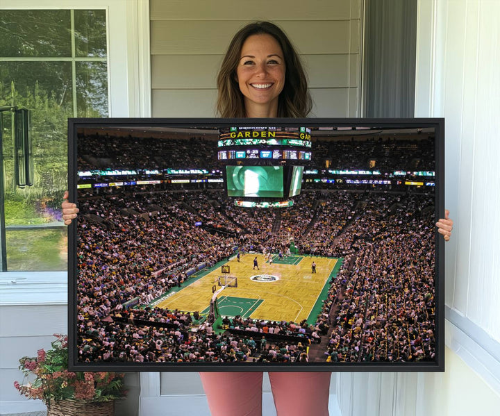 A vibrant depiction of a TD Garden basketball game is beautifully captured in the Boston Celtics Triple Canvas Wall Art, which comes framed and ready to hang.