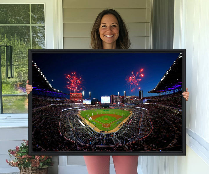 Truist Park wall art: fireworks over a Braves crowd, a large 3-panel canvas, framed and ready-to-hang.