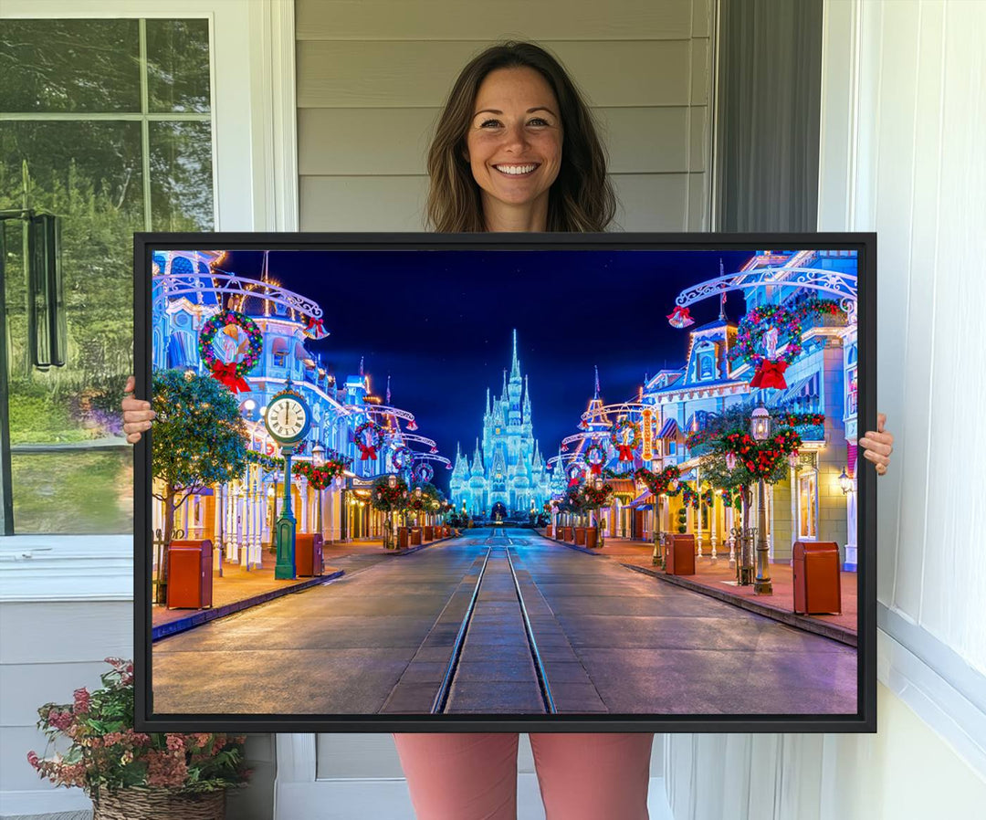 Disney wall art featuring a fantasy castle street at night.