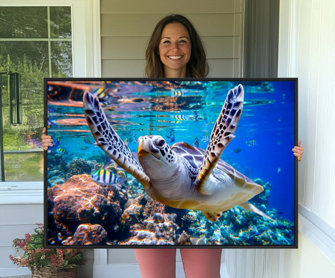 The Underwater Sea Turtle Wall Art Canvas Print serves as vibrant ocean décor, enhancing the kitchen with its stunning depiction.