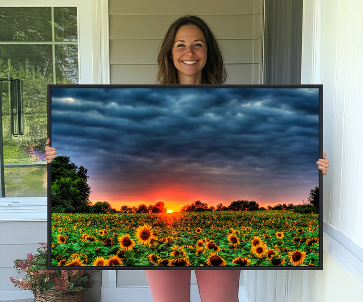 A Golden Sunflower Field at Sunset ready-to-hang wall art canvas print.