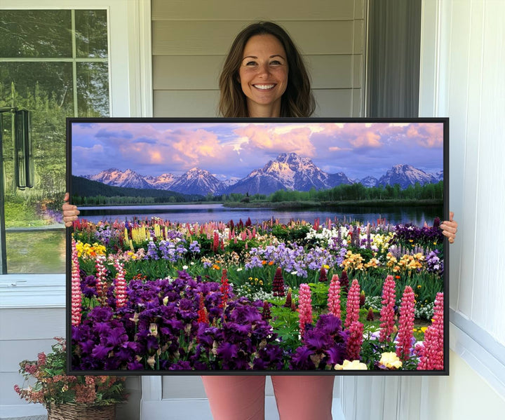 A Vibrant Wildflower Garden and Mountain View Giclee Print is displayed prominently on the wall.