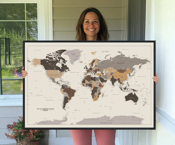 Antique-style world map canvas print with Not all those who wander are lost, perfect for vintage decor.
