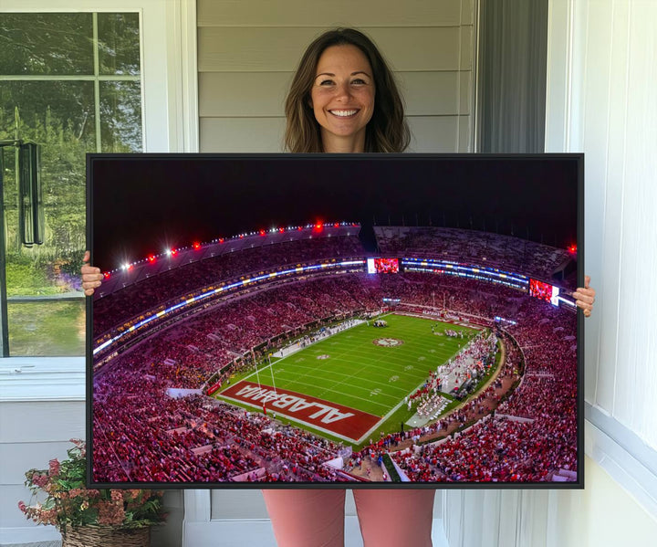 The living room features a Bryant-Denny Stadium Night Game Triple Canvas Wall Art.