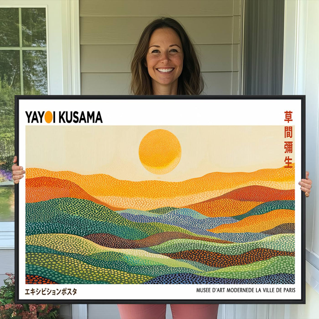 Framed Yayoi Kusama 1986 Wall Art: A vibrant abstract landscape featuring Wabi Sabi hills and a sun, created by the Japanese artist.