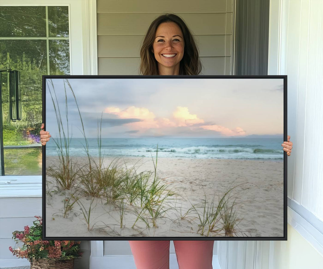 Flight Over Coastal Beach print on UV canvas displayed against white walls.