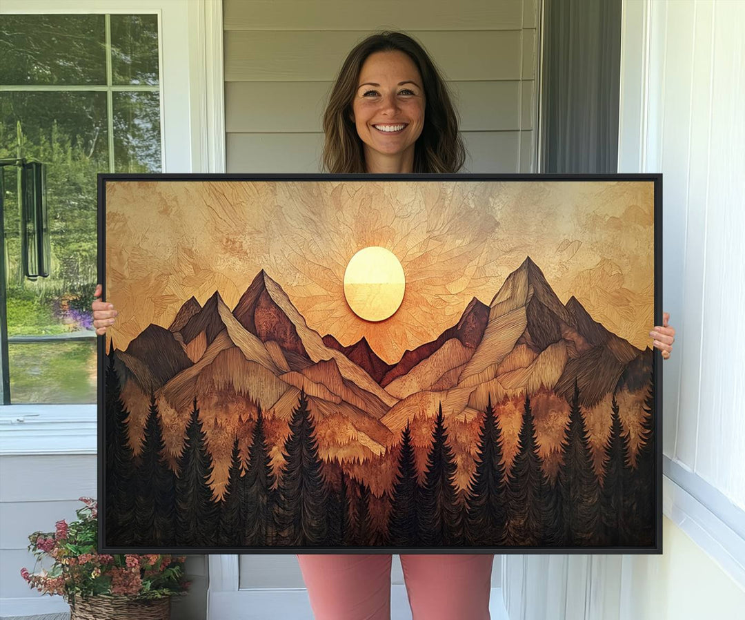 The dining area features a Wood Style Abstract Mountain Sunset canvas wall art print.