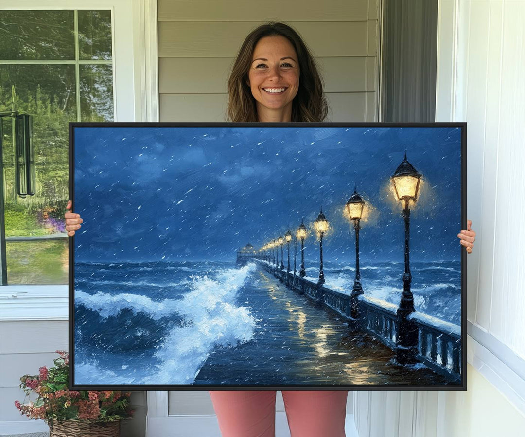 The living room features the Stormy Ocean Pier Lights canvas wall art for illumination.