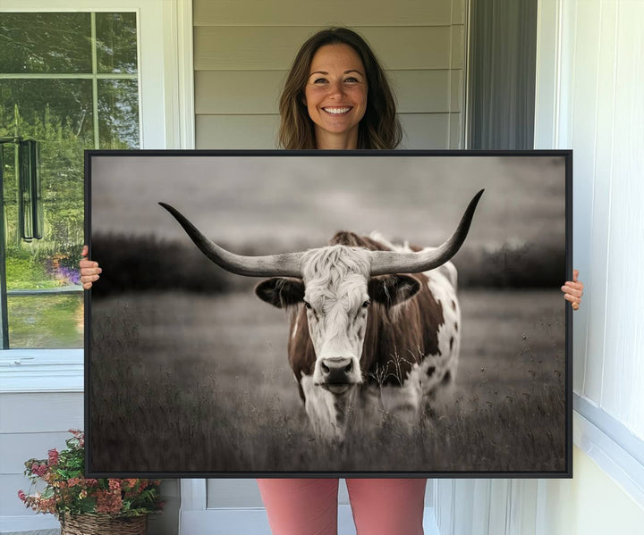 Large Texas Longhorn Cow Canvas for Western decor.