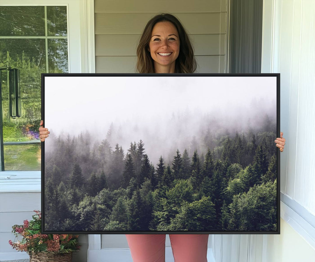 A serene triptych nature print featuring a misty forest, perfect as wall art.