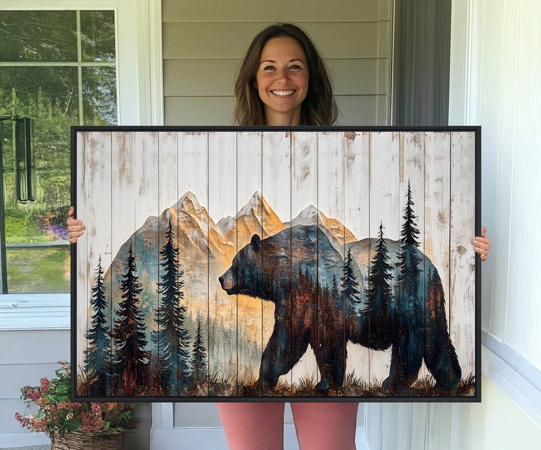 Grizzly 399 Wall Art triptych features a serene mountain scene.