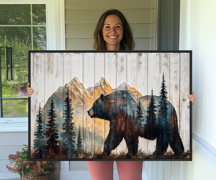 Grizzly 399 Wall Art triptych features a serene mountain scene.