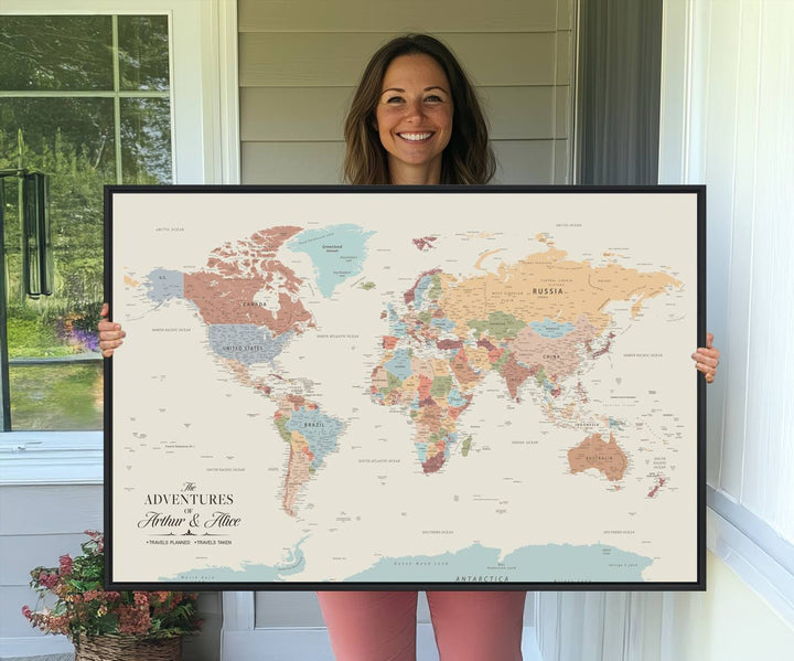 A large, colorful Custom World Map Canvas hangs on the light-colored wall.