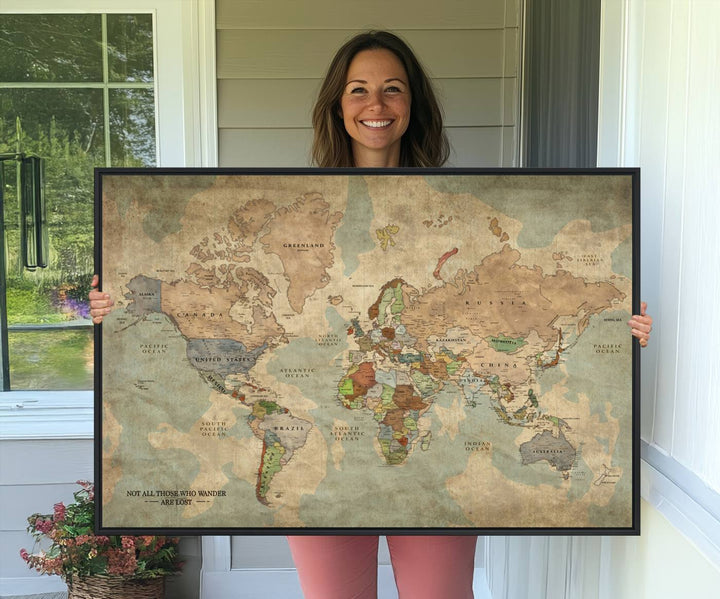 A Personalized World Map Canvas Print in vintage style enhances the setting with its artistic charm.