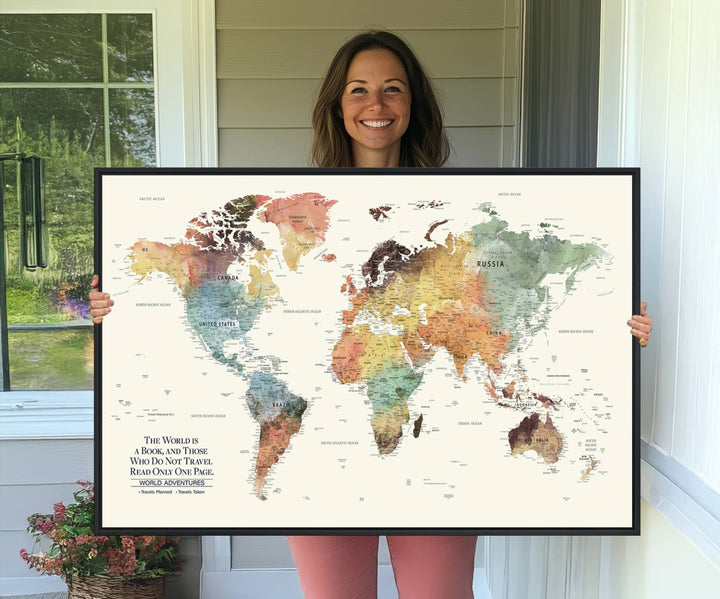 A colorful Personalized World Map Canvas Print, ideal as wall art for living room or office.