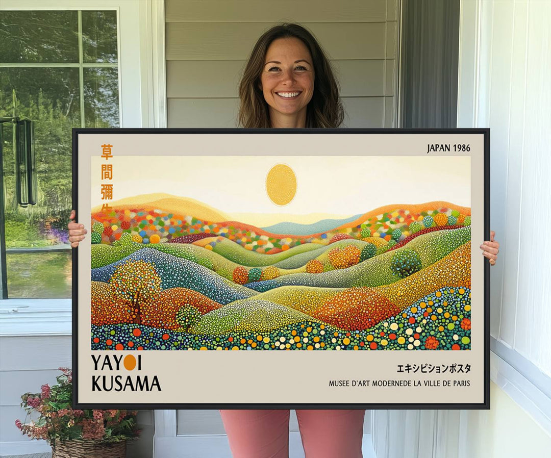 The Yayoi Kusama Wabi Sabi Japanese Wall Art Print features a vibrant landscape with dots, sun, and mountains.