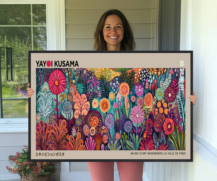 A vibrant Yayoi Kusama Wall Art Canvas Print is held on a porch.