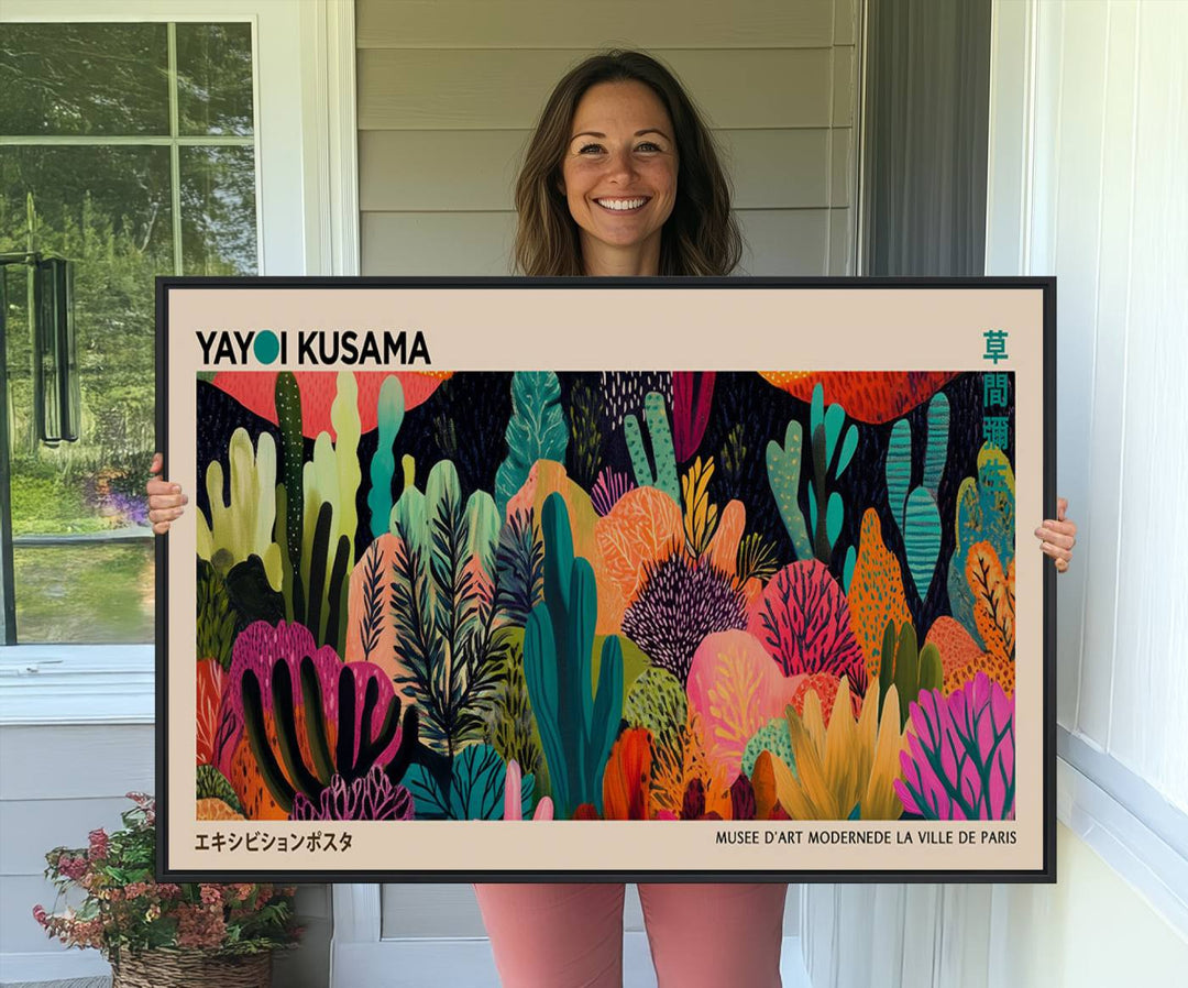 A vibrant Yayoi Kusama Wall Art Canvas Print showcases intricate abstract flora on a light background.