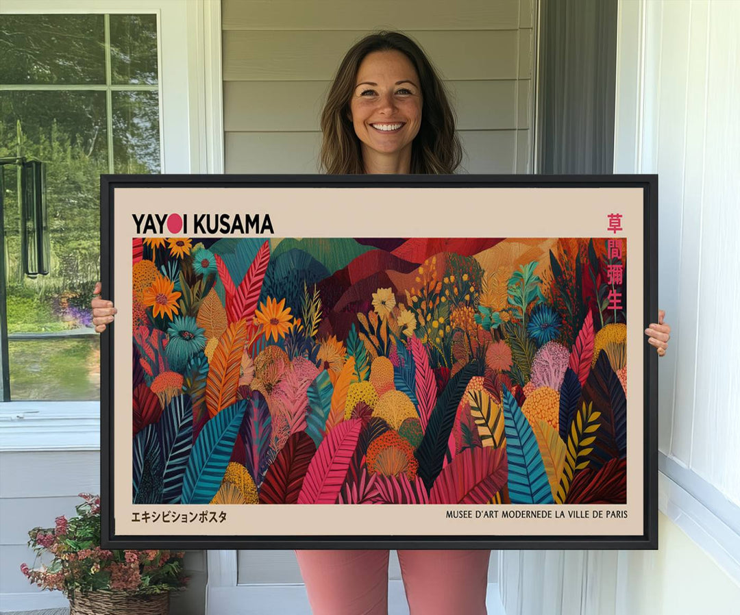 The Yayoi Kusama Inspired Wall Art Canvas Print features colorful flowers and foliage, presented with a premium canvas and gallery-quality finish.