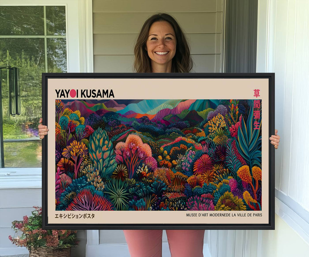 The Yayoi Kusama Wall Art Canvas Print features a vibrant and colorful landscape with abstract vegetation, perfectly capturing the essence of Japanese Wabi Sabi aesthetics.