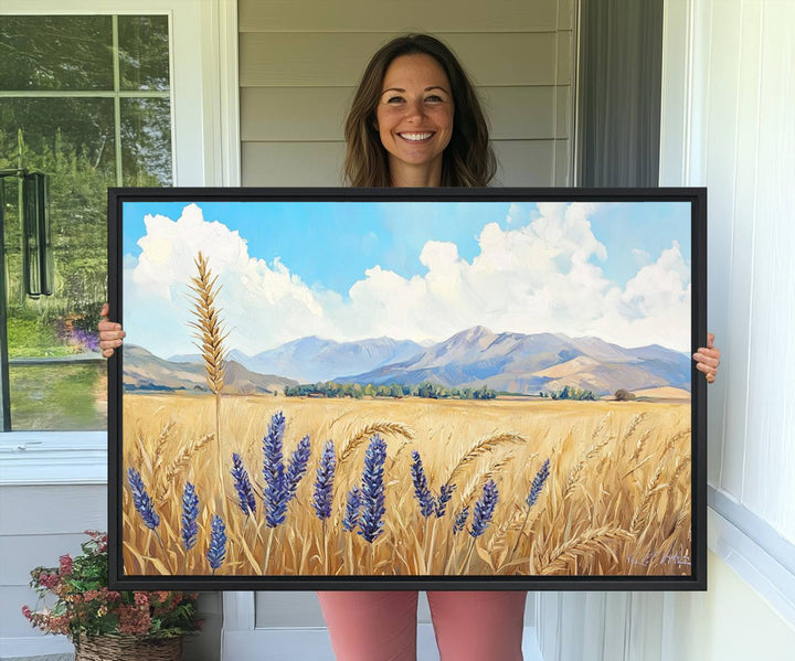 The Abstract Wheat Field Wall Art is a scenic landscape canvas print featuring golden wheat fields and lavender blooms, ideal for farmhouse or rustic decor.