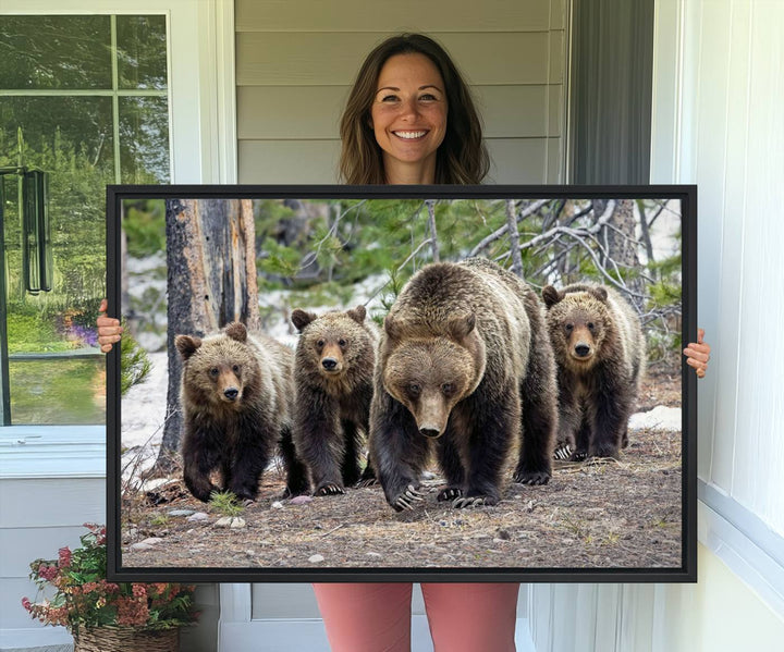 The wall art, a breathtaking canvas print titled "Queen of the Tetons," features 399 Grizzly Bear Cubs majestically captured in a forest setting. It is printed on premium canvas and handmade in the USA.