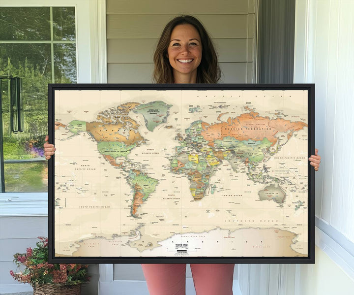 The Large Push Pin World Map Wall Art Canvas Print, with a gallery-quality finish, is carefully crafted on premium canvas and handmade in the USA. This piece adds a touch of elegance to any space.