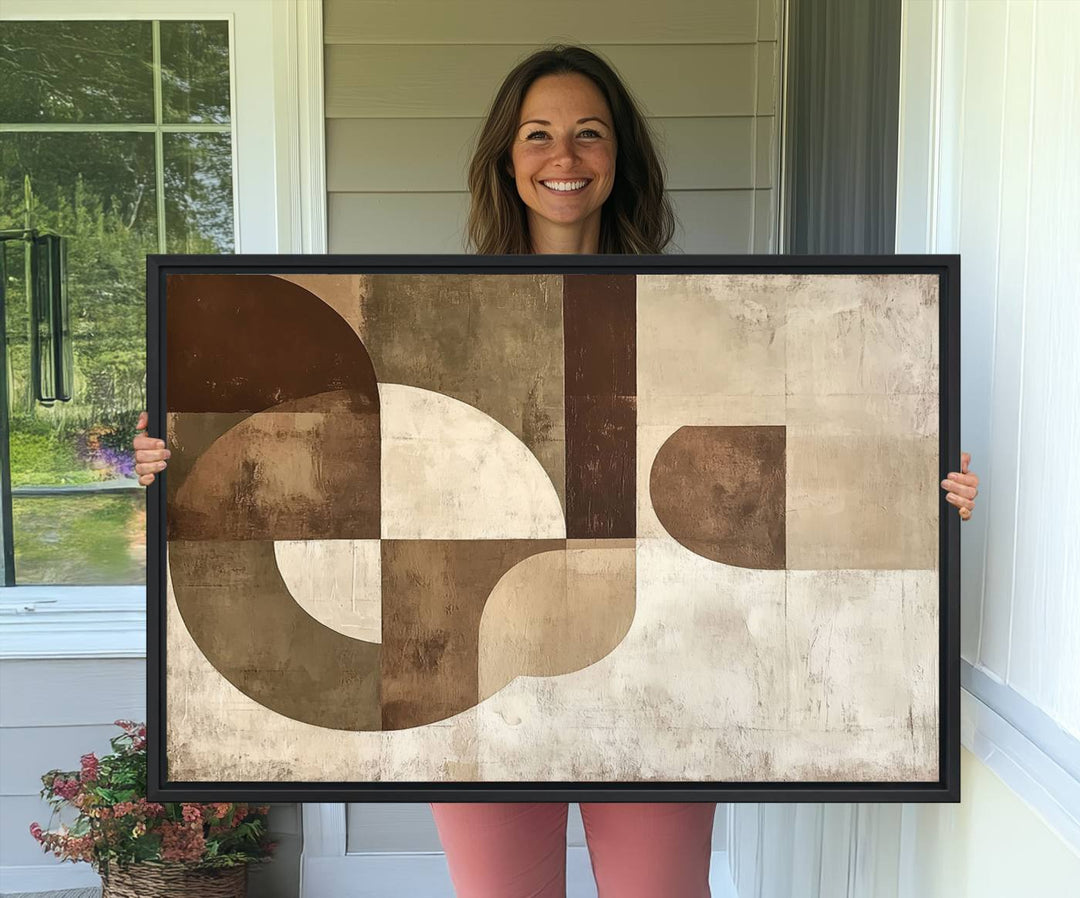 A Wabi Sabi Geometric Minimalist Wall Art Canvas Print—with a modern abstract geometric design in brown and beige tones—stands proudly in front of a house.