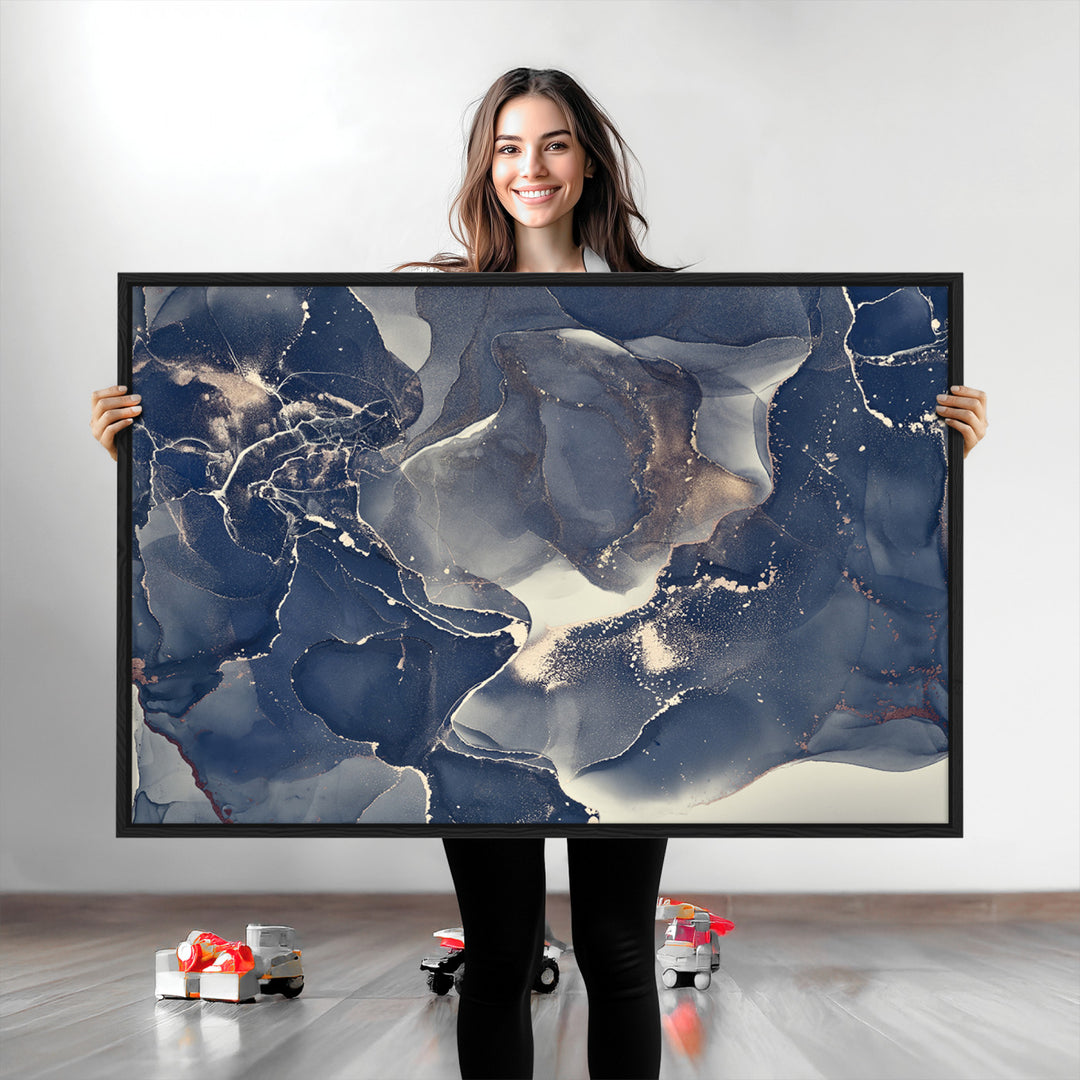 Large Abstract Blue and Gold Canvas Wall Art | Fluid Ink Artwork Print | Luxury Wall Decor for Contemporary Interiors | Framed Ready to Hang