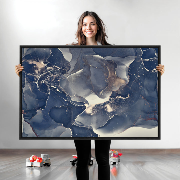 Large Abstract Blue and Gold Canvas Wall Art | Fluid Ink Artwork Print | Luxury Wall Decor for Contemporary Interiors | Framed Ready to Hang