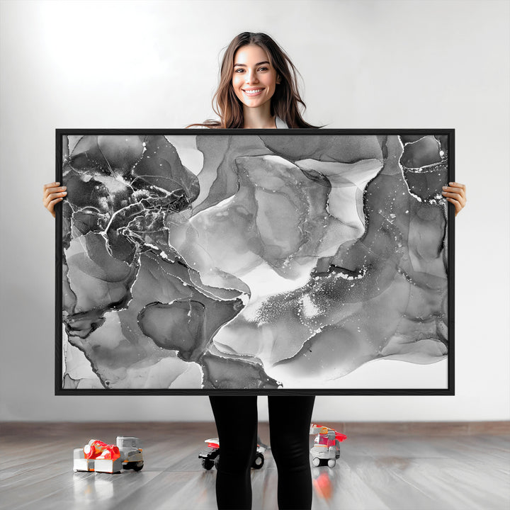 Black White Abstract Canvas Wall Art - Fluid Ink Artwork - Modern Luxury Wall Decor for Contemporary Interiors