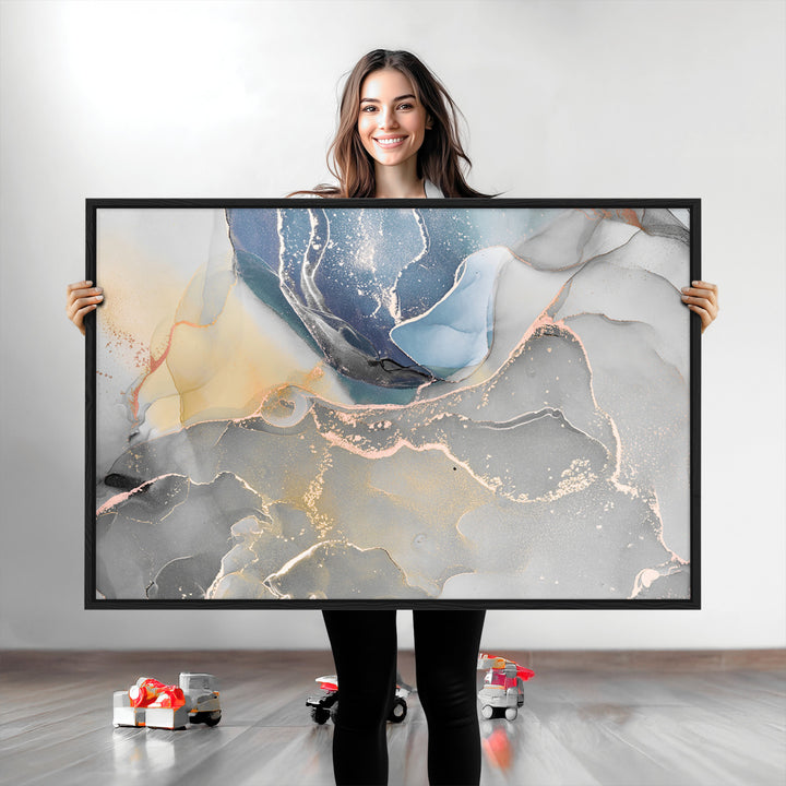 Large Abstract Blue and Gold Canvas Wall Art | Fluid Ink Artwork Print | Luxury Wall Decor for Contemporary Interiors | Framed Blue and Gold