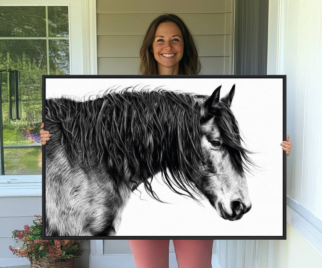 Black Horse Wall Art Canvas Print for farmhouse decor on the kitchen wall.