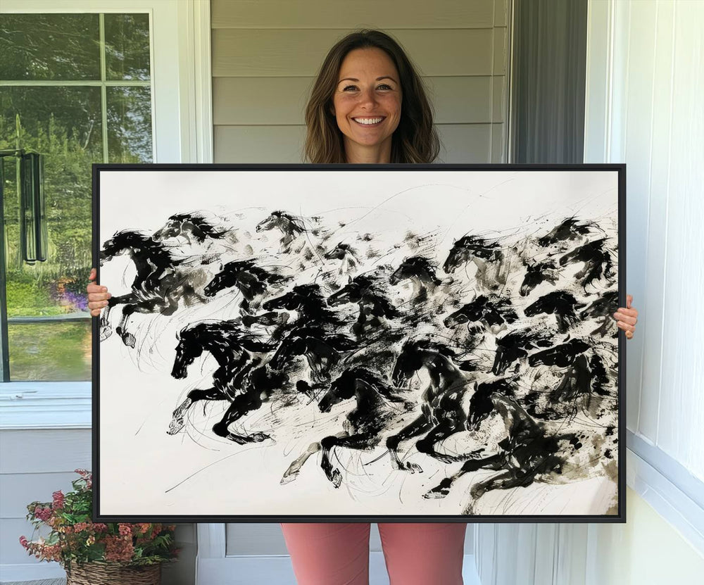 Dynamic Black Ink Horse Print: Modern Equine Wall Decor, perfect for adding an elegant touch to any room.