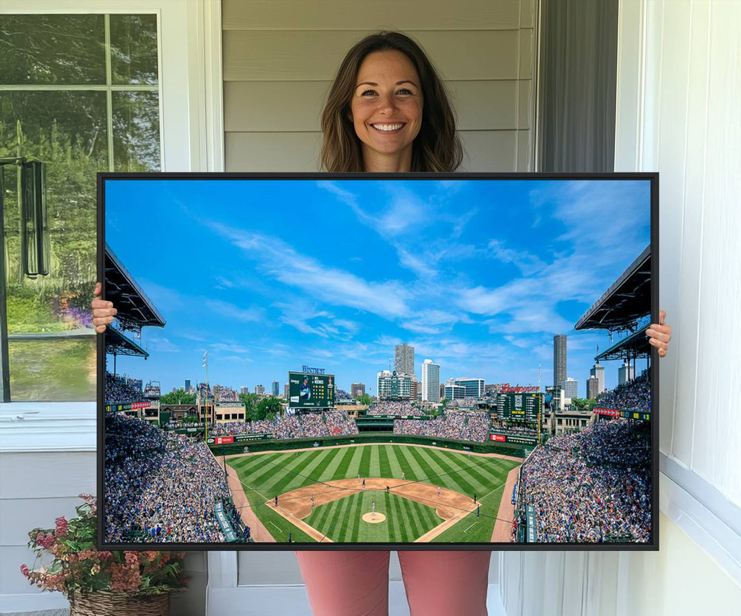 Panoramic view of Wrigley Field, ideal for the Wrigley Field Chicago Cubs Panoramic Canvas Wall Art - Ready to Hang.