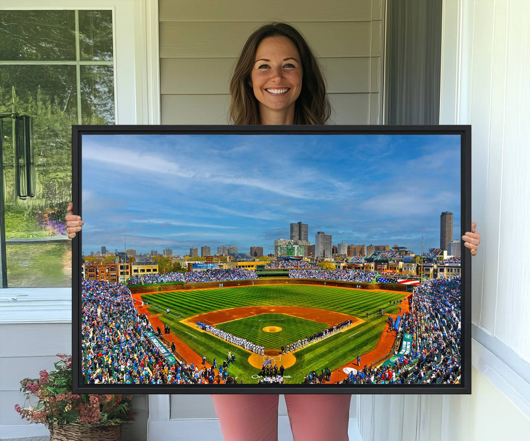 The Wrigley Field Cubs Panoramic Canvas Art hangs prominently in the modern living room.